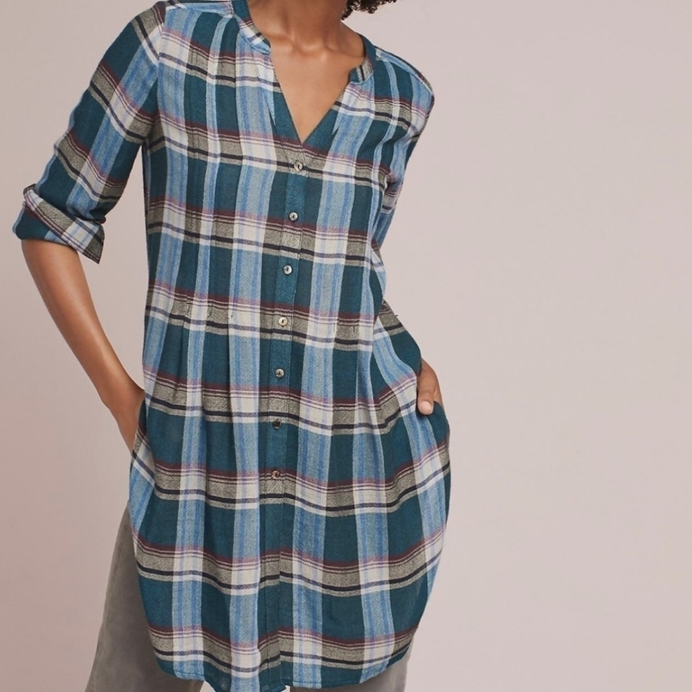 Anthropology Akemi+Kin Lucie Plaid Long Line Wool Blend Boho Fall Tunic Sz S
